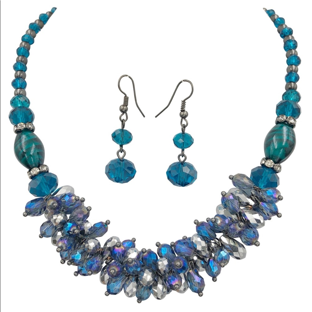 Blue Glass Bead Cluster Necklace Earrings Set